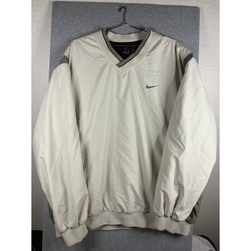 Nike Golf Windshirt Mens XXL Cream Olive V-Neck Pullover Mesh Lined Swoosh Logo